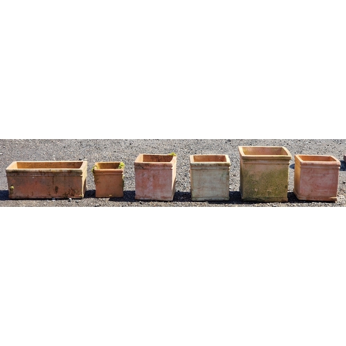 13 - Five square terracotta planters of various size, largest H 35cm x W 37cm x D 37cm, together with a r... 