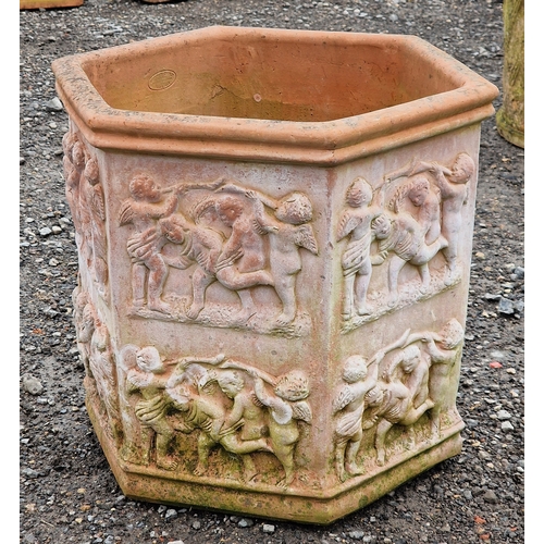 15 - Italian terracotta hexagonal planter with classical cherub scenes relief, stamped Benocci Carlo, H 4... 