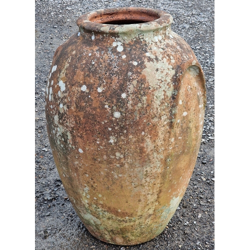 17 - Weathered terracotta olive jar, H 84cm x W 55cm