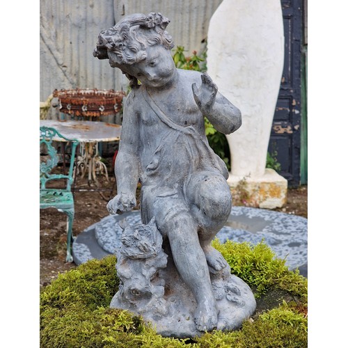 27 - Weathered reconstituted stone birdbath with lead cherub surmount, H 150cm x W 44cm
