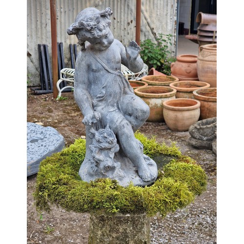 27 - Weathered reconstituted stone birdbath with lead cherub surmount, H 150cm x W 44cm