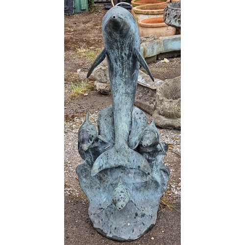 29 - Vintage bronze dolphin water feature, H 101cm x W 47cm x D 40cm
