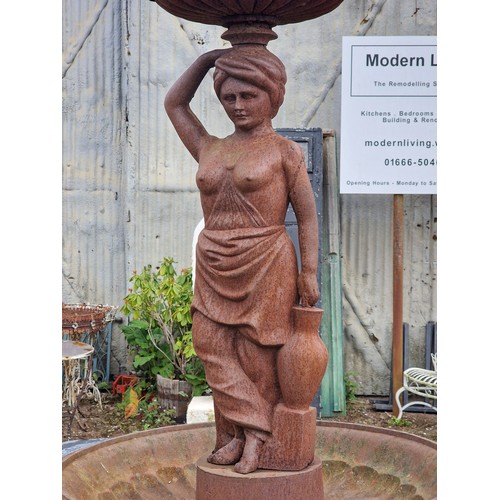 30 - Large cast iron fountain with central nude water maiden column and two graduated urns with lobed bow... 