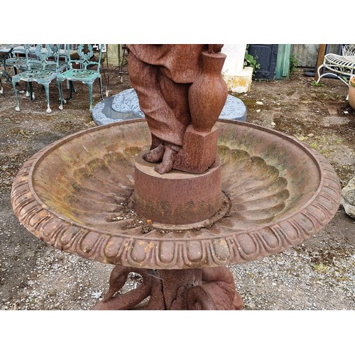 30 - Large cast iron fountain with central nude water maiden column and two graduated urns with lobed bow... 
