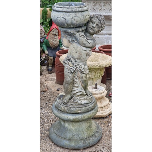 32 - Henri studios - Reconstituted stone garden statue of a cherub on plinth holding a planter, H 101cm x... 