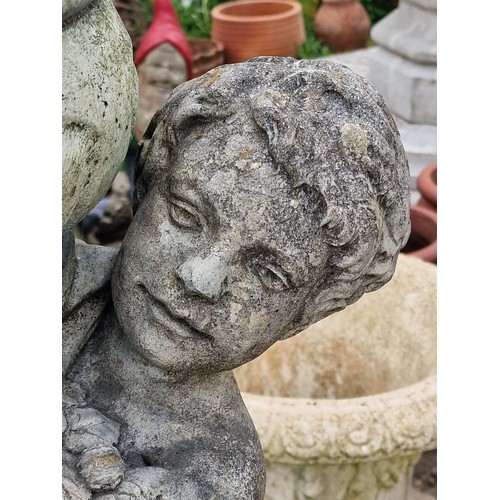 32 - Henri studios - Reconstituted stone garden statue of a cherub on plinth holding a planter, H 101cm x... 