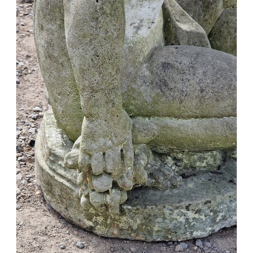34 - Pair of weathered reconstituted stone garden urns with lobed bowls and foliate swag detail, raised o... 