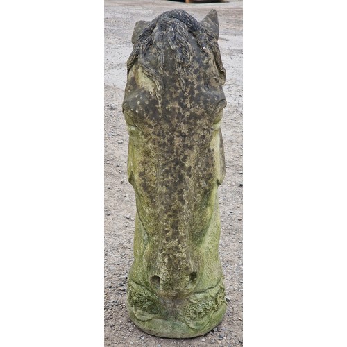 37 - Large weathered reconstituted stone statue of a horse's head, H 88cm x W 28cm x D 57cm