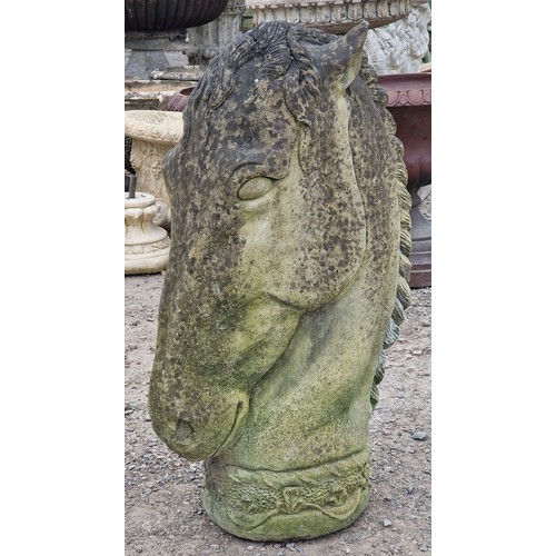 37 - Large weathered reconstituted stone statue of a horse's head, H 88cm x W 28cm x D 57cm