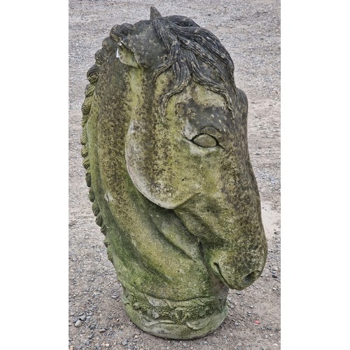 37 - Large weathered reconstituted stone statue of a horse's head, H 88cm x W 28cm x D 57cm