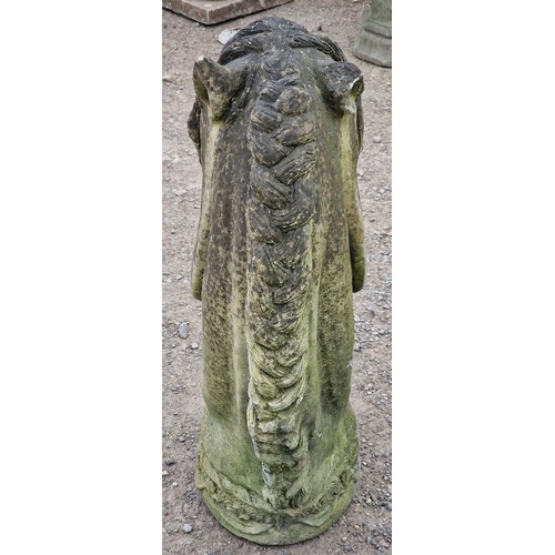 37 - Large weathered reconstituted stone statue of a horse's head, H 88cm x W 28cm x D 57cm
