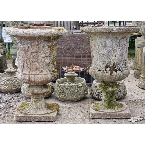 38 - Pair of large reconstituted stone Medici urns with lobed bowls and darted rims, H 96cm x W 63cm (2)