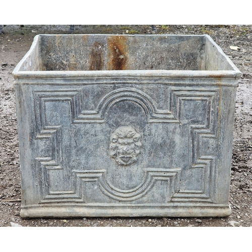 43 - Large square lead planter with lions mask detail, H 41cm x W 58cm x D 55cm