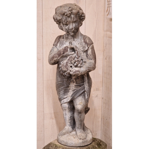 45 - Lead statue of a girl holding a bunch of grapes raised on a weathered reconstituted stone plinth wit... 