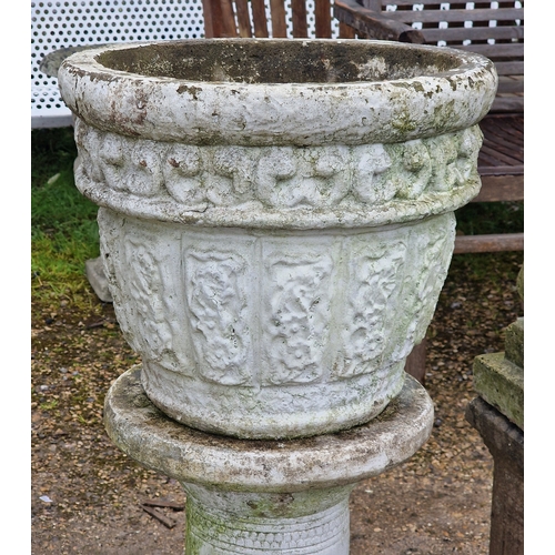 47 - Pair of reconstituted stone garden planters with foliate detail and distressed paintwork, raised on ... 