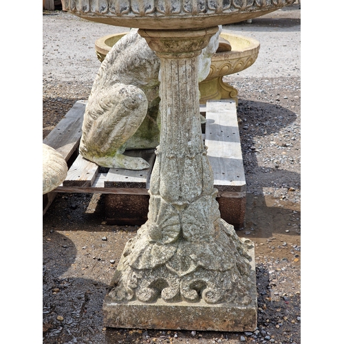 49 - Haddonstone - Reconstituted stone bird bath with reeded column, foliate detail and lead lined bowl, ... 