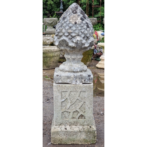 51 - Set of five weathered reconstituted stone pineapple finials raised on square cut plinths with fielde... 