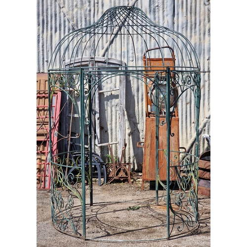 56 - Vintage cast metal gazebo with scrolled detail and spiral dome top, H 260cm x W 180cm