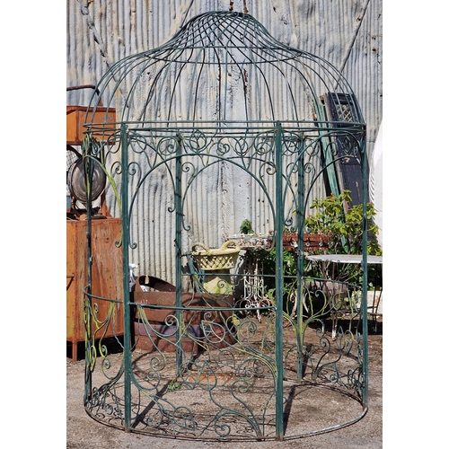 56 - Vintage cast metal gazebo with scrolled detail and spiral dome top, H 260cm x W 180cm