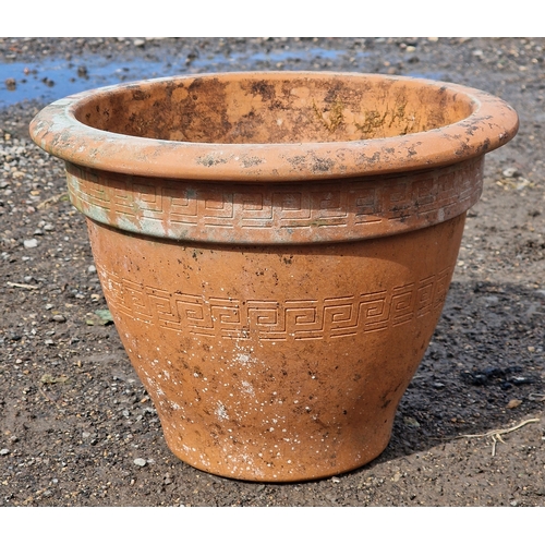60 - Set of twelve terracotta pots with incised Greek key detail, H 23cm x W 31cm (12)