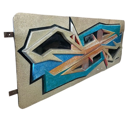 31 - A large fairground geometric decorative panel, glittery fibreglass, ' Keep Arms And Legs Inside The ... 