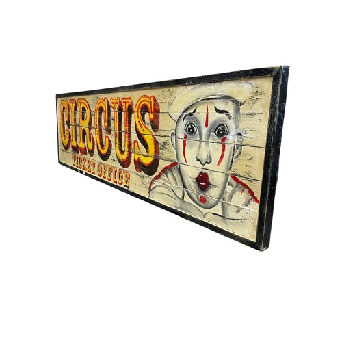 20 - ' Circus Ticket Office ' large painted wooden panel with clown imagery, H 56cm x W 185cm