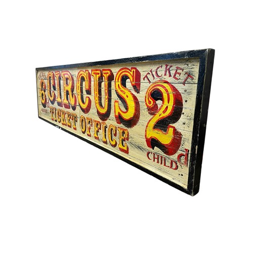 22 - ' Circus Ticket Office ' large painted wooden panel, ' Adult 2d - Child 2d ', H 53cm x W 187cm