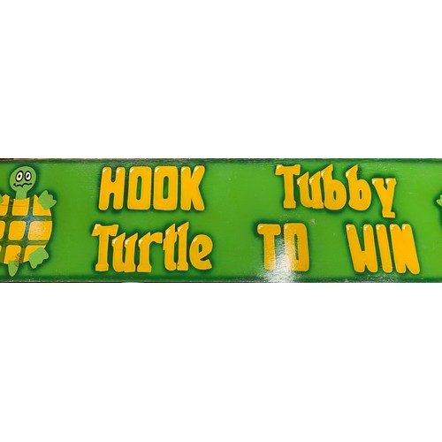 27 - Fairground - ' Hook Tubby Turtle ' three 1980's hand painted fairground attraction signs, largest 35... 