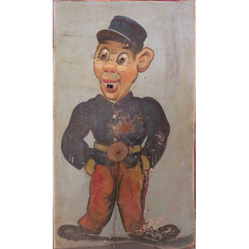 44 - A French early 20th century sweet dispenser front, hand painted on board, with remains of mechanism ... 