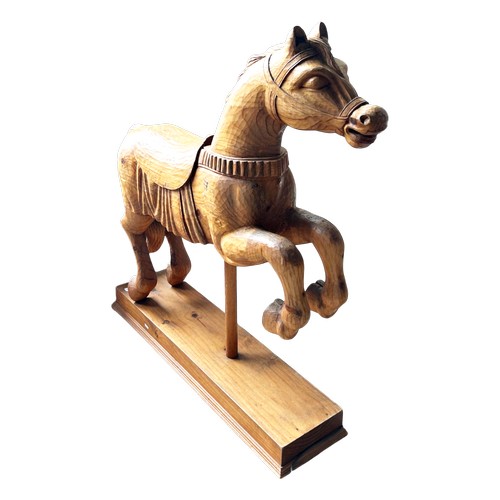 58 - A large Dutch Folk Art hand carved carousel style horse upon a pole support and rectangular base, H ... 