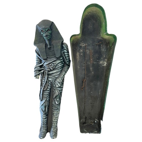 61 - A life sized fibreglass Egyptian pharaoh mummy with coffin, mummy 170cm H x 53cm W, coffin 183cm H x... 