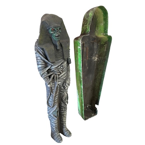 61 - A life sized fibreglass Egyptian pharaoh mummy with coffin, mummy 170cm H x 53cm W, coffin 183cm H x... 