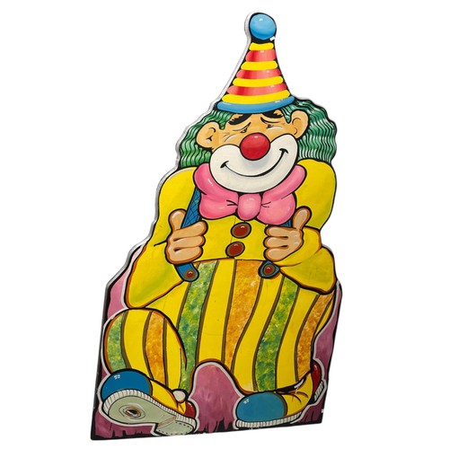 42 - Circus - Two large brightly coloured hand painted wooden clown boards, each H 215cm x W 120cm approx