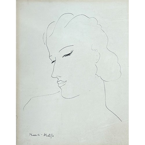 Possibly by Henri Matisse (1869-1954, French) - 'Woman in profile', signed, pen and ink, 47 x 37cm, mounted but unframed

+ Found in the loft of David Geider's Wiltshire home. David Geider had a gallery in London in the 1970's, this pen and ink believed to be by Matisse was found lodged behind a portrait of Mr Geider and either not seen or discarded when the contents was originally sold at auction