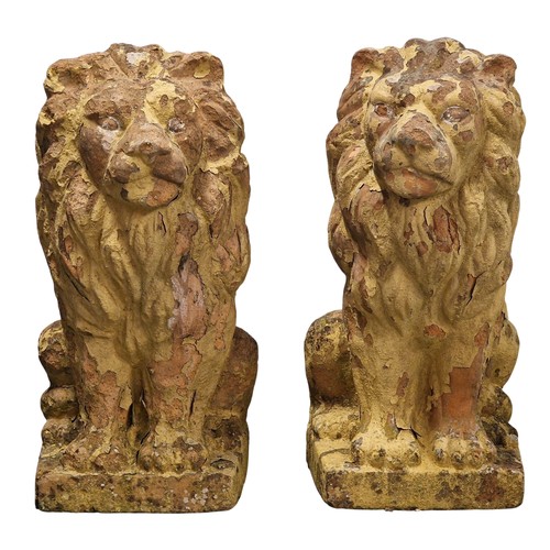 Pair of rare antique weathered terracotta statues of seated lions with distressed paintwork, H 75cm x W 33cm x D 36cm (2)