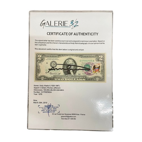 7 - Andy Warhol (American, 1928-1987) - Signed 2 Dollar Bill (1976), hand-signed in black ink, with COA ... 