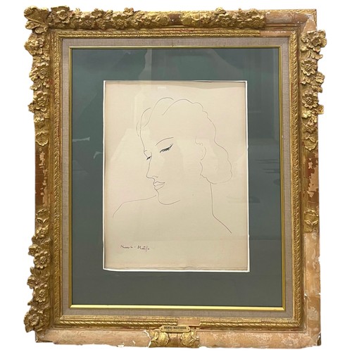 Possibly by Henri Matisse (1869-1954, French) - 'Monique', signed, pen and ink, 47 x 37cm, mounted but unframed

+ Found in the loft of David Geider's Wiltshire home. David Geider was a renowned sporting art dealer and had a gallery in West London and Palm Beach, Florida in the 1970's, this pen and ink was found lodged behind a portrait of Mr Geider and either not seen or discarded when the contents of his property originally sold at auction.