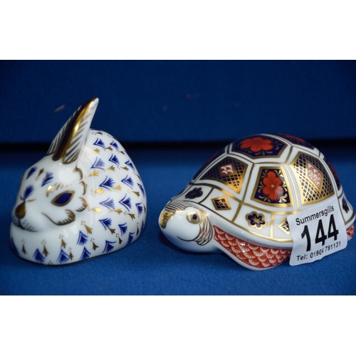 144 - Royal Crown Derby tortoise and rabbit paperweights