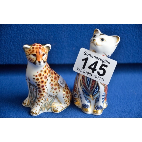 145 - Royal Crown Derby Cheetah cub and cat paperweights