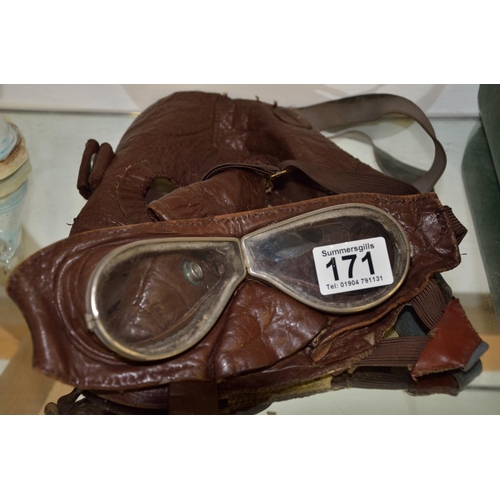 171 - Antique leather motorcycle goggles and mask