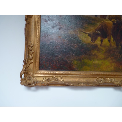 240 - Pair of Highland cattle oils on canvas by Henry Robinson Hall (1859-1927)