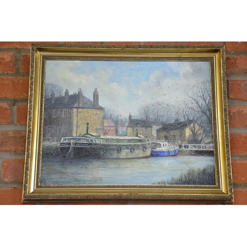 249 - Oil painting Canal at Rodley 1985 by J Rigg