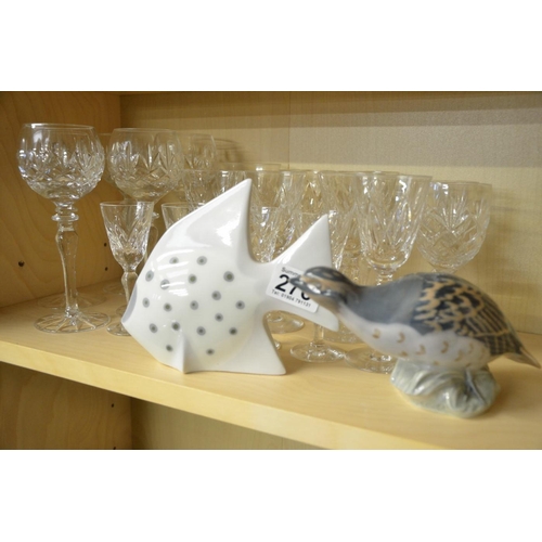 276 - Set of Crystal/cut glass glasses and Copenhagen bird + 1