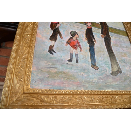 293 - Unsigned oil on board of a family scene overlooking an Industrial factory backdrop 50cm x 39 after L... 