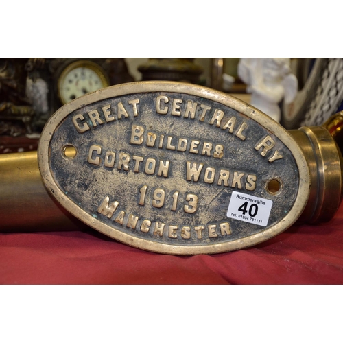 40 - Cast iron and brass Great Central railway sign 1913 Corton