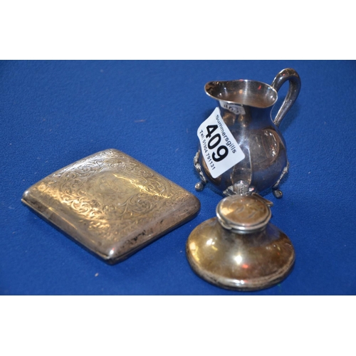 409 - Silver ink well and cigarette case and plated jug