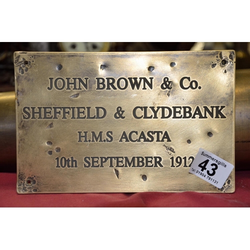 43 - HMS Acasta 1912 Shipyard brass plaque - John Brown & Co.