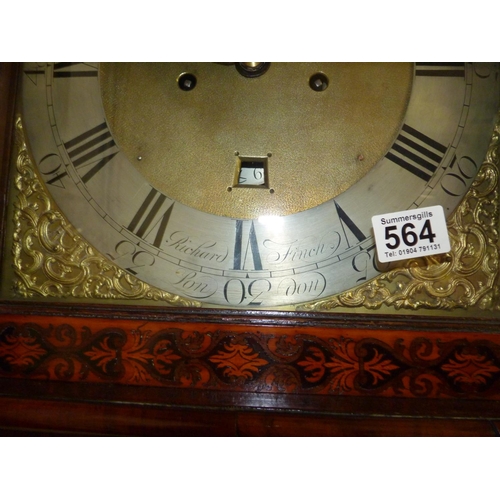 564 - 8 Day Clock by Richard Finch London 1733 with Marquetry Walnut case