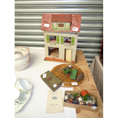 579 - Dolls house, marbles, lead figures etc