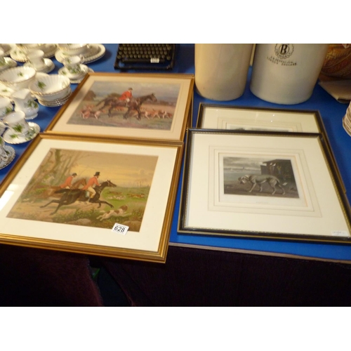 628 - 3 Hunting prints - 1 signed A G Haigh 1931 & 2 dog pictures